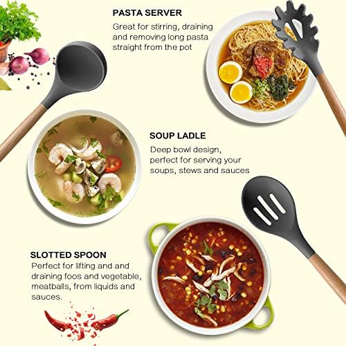 MIBOTE Silicone Cooking Kitchen Utensils Set, Wooden Handle - Image 2
