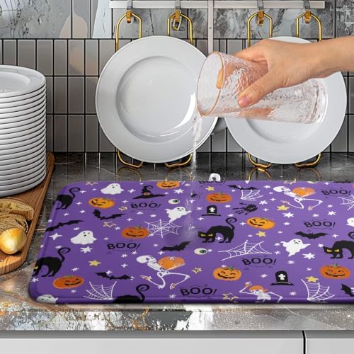 Halloween Dish Drying Mat for Kitchen Counter Cute Cat Boo Bats Skull Drying - Image 5