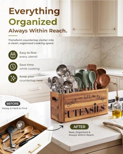 INSAGO Large Acacia Wood Kitchen Utensil Holder Organizer - Image 5