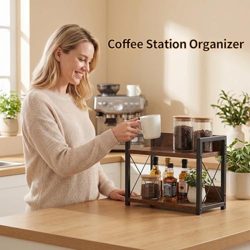 2-Tier Countertop Organizer, Iron-Wood Coffee Station Shelf, Heavy Duty Kitchen - Image 3