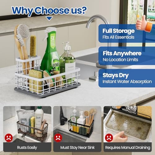 Extra Large Sink Caddy with Drying Stone, Sponge & Brush Holder - Image 5
