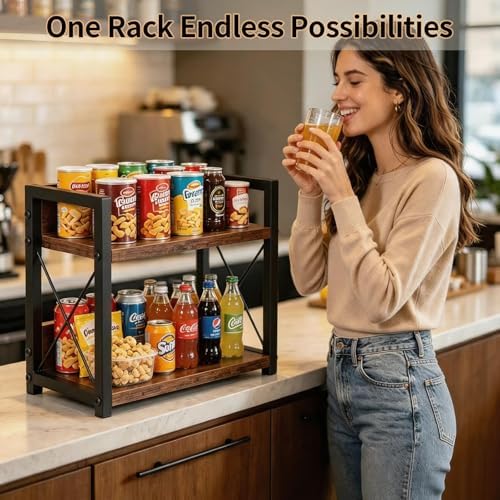 2-Tier Countertop Organizer, Iron-Wood Coffee Station Shelf, Heavy Duty Kitchen - Image 7
