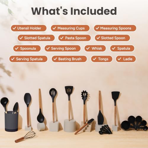 SMIRLY Silicone Kitchen Utensils Set, 22-Piece Acacia Wood Handle - Image 2