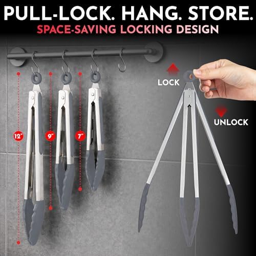 Kitchen Tongs - 12, 9 & 7 Inch Locking Silicone Tongs - Image 2