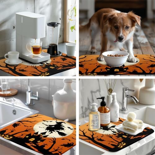 Halloween Dish Drying Mat for Kitchen Counter 18x24 Witch Castle Bats Ghost - Image 7