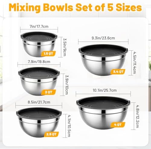 Beasea Mixing Bowls with Lids Set of 5, 1.5/2/2.5/3.4/4/5 QT Stackable Nesting - Image 2