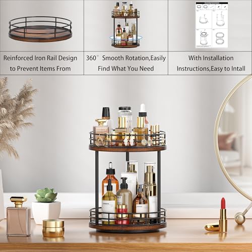 2-Tier Rotating Bathroom Countertop Organizer, Wooden Makeup Vanity Storage - Image 5
