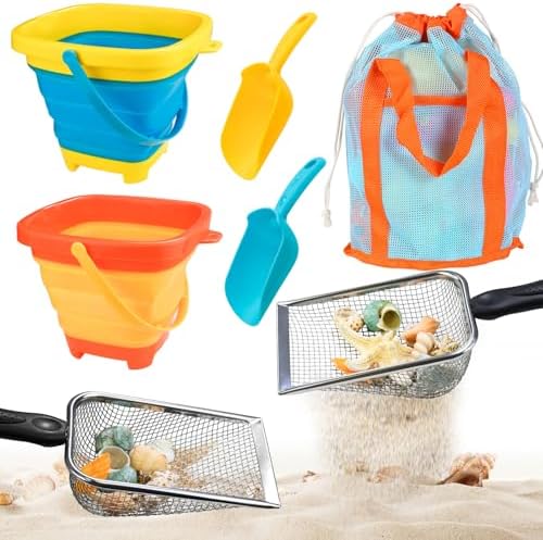 Beach Sand Toys with 2-Pack Collapsible Buckets & Shovels by QINGLER