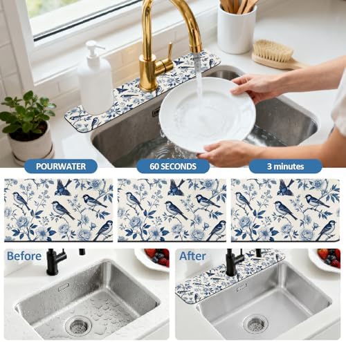 2 Pcs Blue Flowers and Birds Kitchen Sink Splash Guard Faucet Mat - Image 5