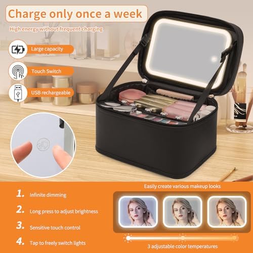 OCHEAL Makeup Bag With LED Mirror, Travel Makeup Bag With 3 Color Setting Light - Image 5