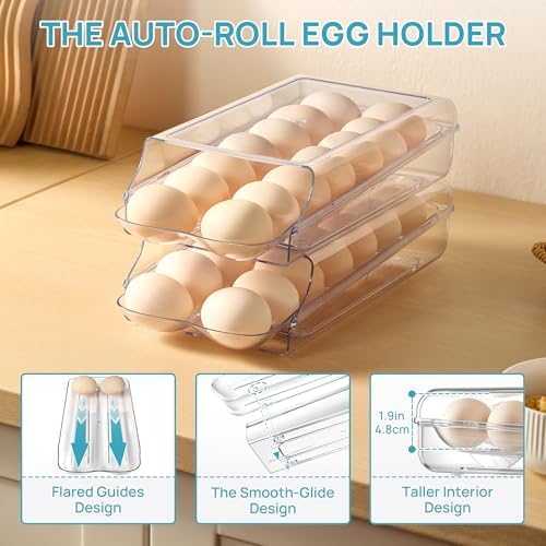 Vtopmart 2 Pack Egg Holder for Fridge, Automatic Rolling Egg Container - Image 3