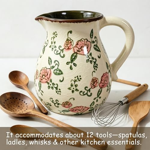 Ceramic Utensil Holder Red Rose 6.1" Rustic Farmhouse Kitchen Counter Crock - Image 3