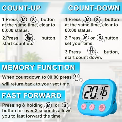 ZILLEEN Digital Kitchen Timers for Cooking Kids Blue Pink 6 Pack - Image 7