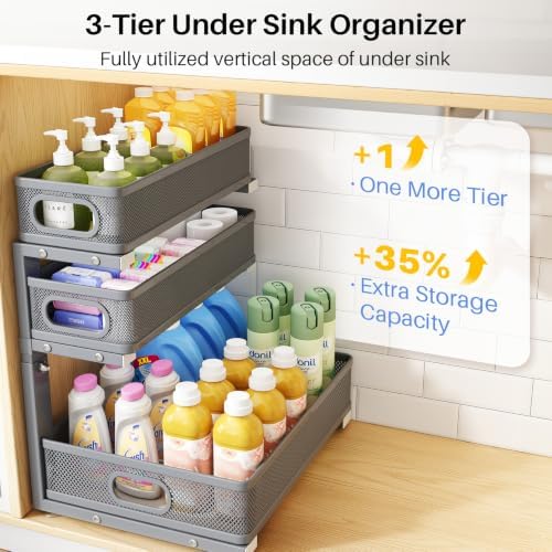 Under Sink Organizer, 3-Tier Thickened Metal Pull out Cabinet Organizer Shelf - Image 3