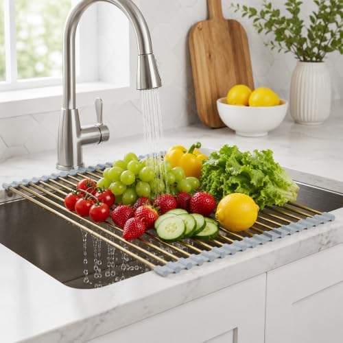 Gold Roll Up Dish Drying Rack Over Sink, Foldable Stainless Steel Drainer - Image 3