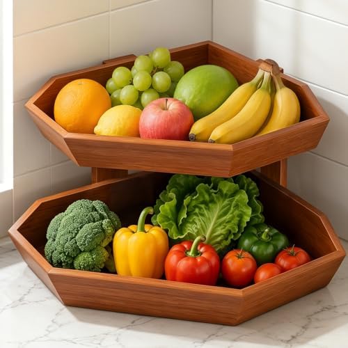 Wooden Fruit Basket for Kitchen Counter 2 Tier Fruit Bowl for Corner by Tequie