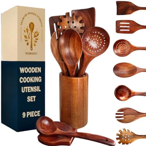 Wooden Utensil Set 9 PCS Hand-Crafted, Heat-Resistant, Non-Scratch & by Unknown