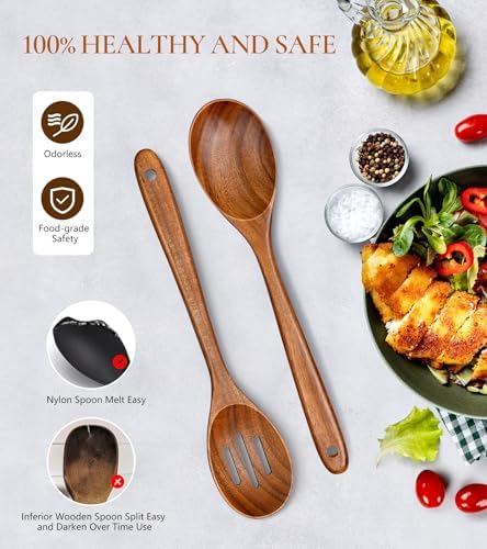 2Pcs Teak Wooden Kitchen Cooking Utensils Set, Wooden Spoon & Slotted Spoon - Image 5