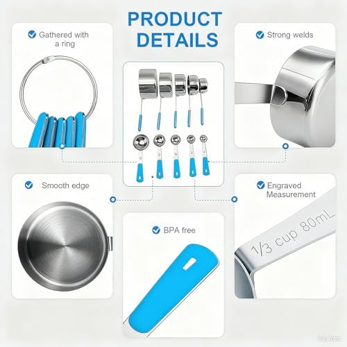 Bopei 10-Pcs Stainless Steel Measuring Cups & Spoons Set - Image 3