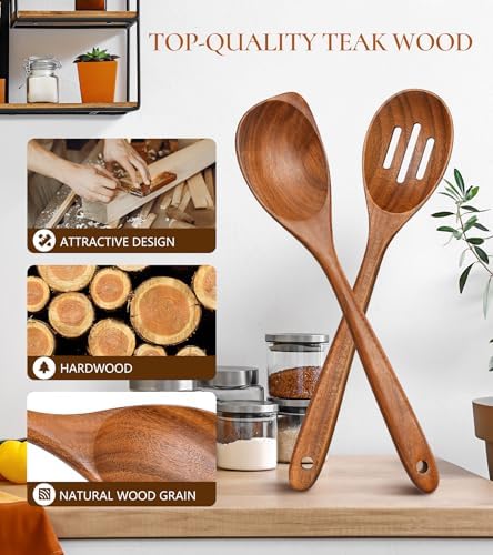 2Pcs Teak Wooden Utensil Set Large Corner Spoon & Slotted Spoon - Image 2