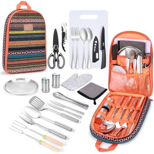Portable Camping Kitchen Utensil Set-27 Piece Cookware Kit, Stainless Steel by Freehiker