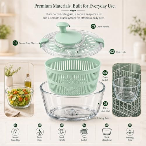 Large 5.2 Qt Glass Salad Spinner - Image 3