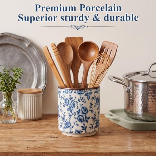 Rustic Ceramic Utensil Holder Blue Rose 5.5" - Image 4