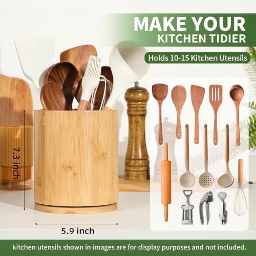 Bamboo Wood Utensil Holder, 360° Rotating 7.3 in Kitchen Organizer - Image 2