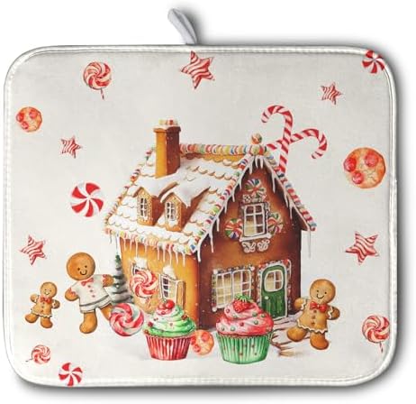 Christmas Dish Drying Mat for Kitchen Counter 16x18 Gingerbread House Man Candy by Kwlegh