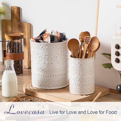 LOVECASA Ceramic Utensil Holder Set of 2, 7.2'' & 5.4'' Kitchen Crocks - Image 4