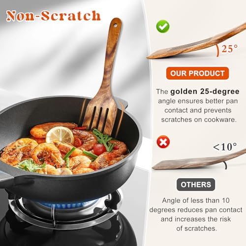 2Pcs Wooden Spatula, Acacia Solid & Slotted Turner Spatula Set, Long Handle - Image 3