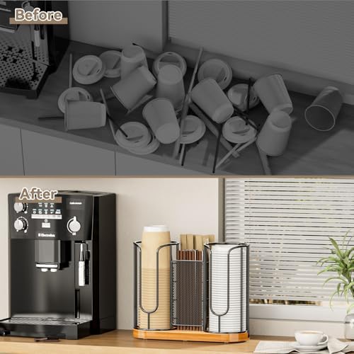 Coffee Cup and Lids Holder - 8oz-24oz Disposable Cups Organizer Wooden Base - Image 5