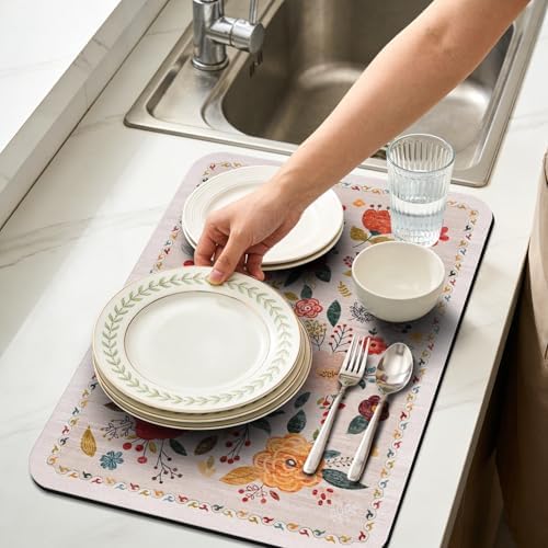 Dish Drying Mat for Kitchen Counter 18x24 Inch, Boho Quick Dry Coffee Mat - Image 2