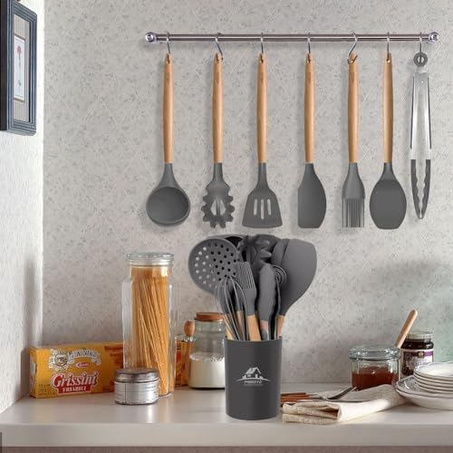 MIBOTE Silicone Cooking Kitchen Utensils Set, Wooden Handle - Image 7