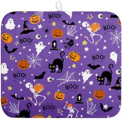 Halloween Dish Drying Mat for Kitchen Counter Cute Cat Boo Bats Skull Drying by Wnoesat