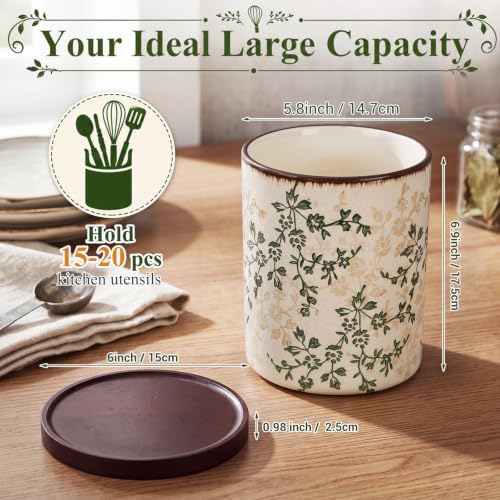 Rustic Rotating Ceramic Utensil Holder Brown Green Floral 6.9" - Image 2
