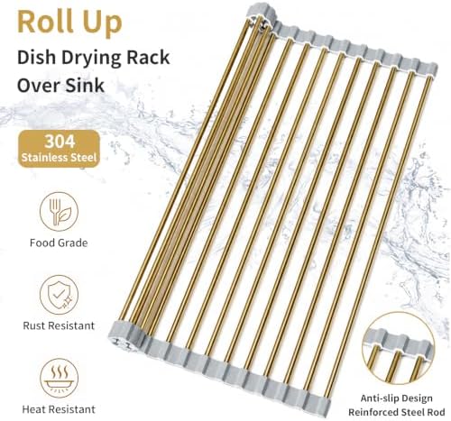 Gold Roll Up Dish Drying Rack Over Sink, Foldable Stainless Steel Drainer - Image 6