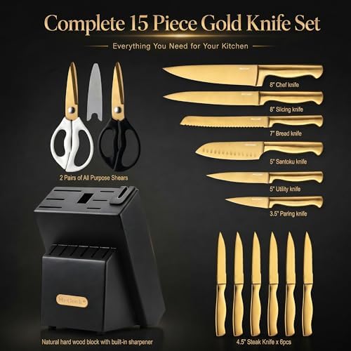 McCook® Knife Sets, 15 Piece Knives, Restaurant Grade Sharp, Elegant Gold & - Image 2