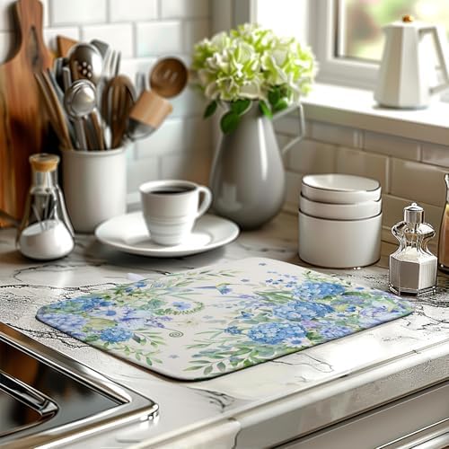 Blue Hydrangea Dish Drying Mat for Kitchen Counter 16 x 18 Inch Spring Floral - Image 6