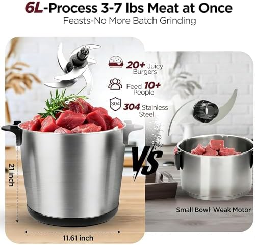 6L Electric Meat Grinder & Food Processor, 1200W Stainless Steel Meat Chopper - Image 2