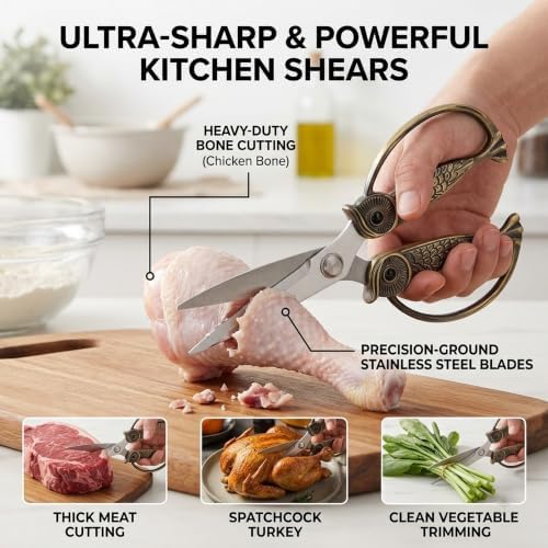 XSNBRD Heavy Duty Kitchen Scissors, Bronzed Stainless Steel Owl Shears. - Image 5