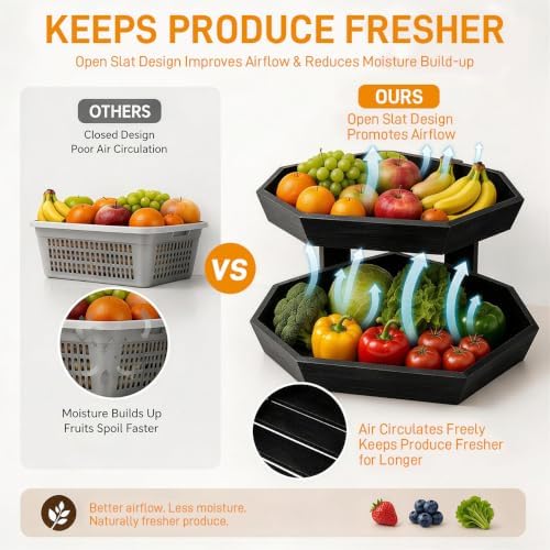 Wooden Fruit Basket for Kitchen Counter 2 Tier Fruit Bowl for Corner - Image 3