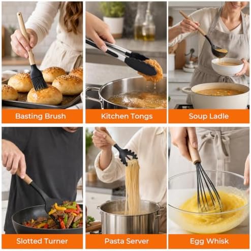 33 Pcs Silicone Kitchen Cooking Utensils Set, Wood Handle & Holder - Image 5