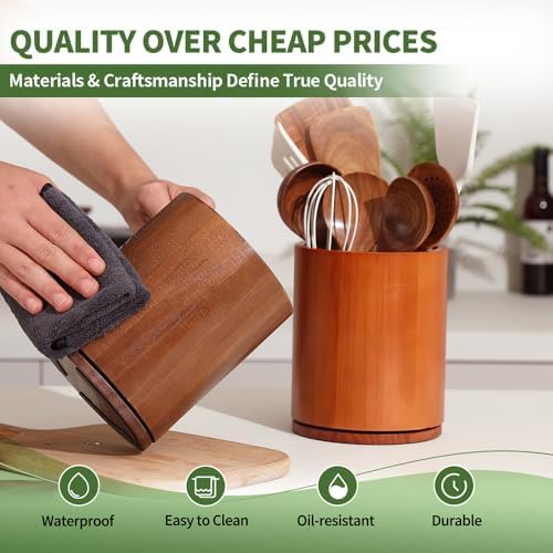 Walnut Utensil Holder, 360° Rotating 7.3 in Kitchen Organizer - Image 4