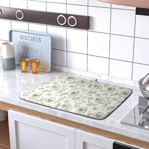 Easter Bunny Floral Drying Mat for Kitchen Counter Spring Easter Rabbits Green - Image 5