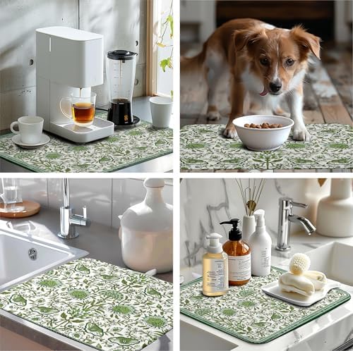 Green Floral Dish Drying Mat for Kitchen Counter 18x24 Inch Spring Summer - Image 7