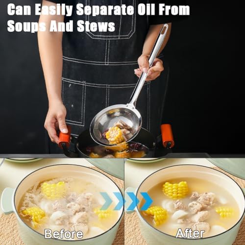 2PCS Stainless Steel Fine Mesh Skimmer, Fat Skimmer Spoon, 2 Sizes Long Handle - Image 6