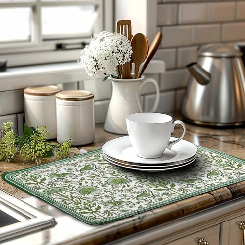 Green Floral Dish Drying Mat for Kitchen Counter 18x24 Inch Spring Summer - Image 6