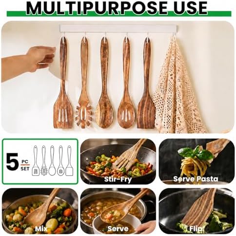 Solidith Acacia Wooden Spoons for Cooking, 5-Piece Wood Kitchen Utensil Set - Image 3