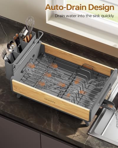 Urackify Modern Dish Rack for Kitchen Counter, Stainless Steel & Bamboo - Image 3